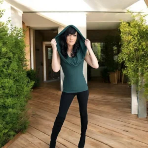 Cowl neck soft green bamboo top with oversize hood.