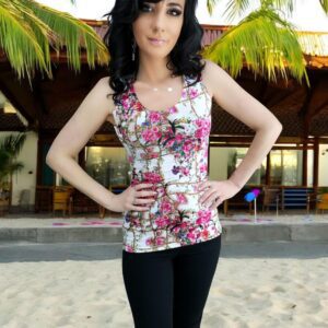 White pink black floral print sleeveless fitted top.