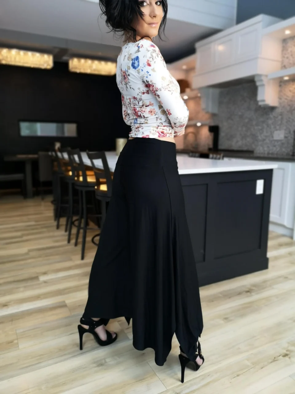 Black bamboo flowing pants with fitted waist.