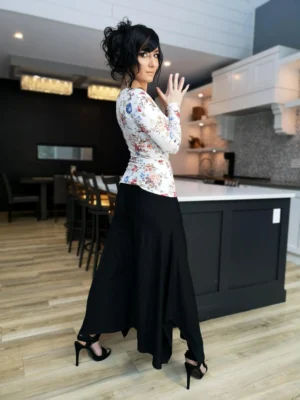 Black bamboo flowing pants with fitted waist.