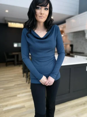 Blue ribbed cowl neck long-sleeve top.