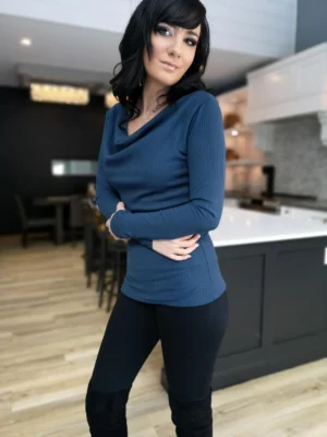 Blue ribbed cowl neck long-sleeve top.
