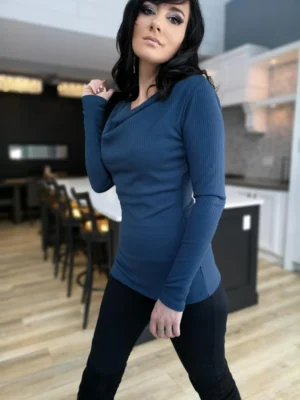 Blue ribbed cowl neck long-sleeve top.