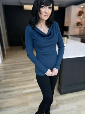 Blue ribbed cowl neck long-sleeve top.