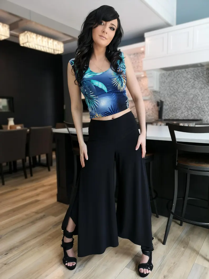 Black poly spandex flowing pants.