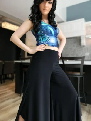 Black poly spandex flowing pants.