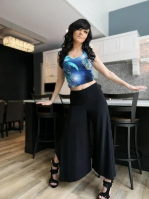 Black poly spandex flowing pants.