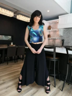 Black poly spandex flowing pants.