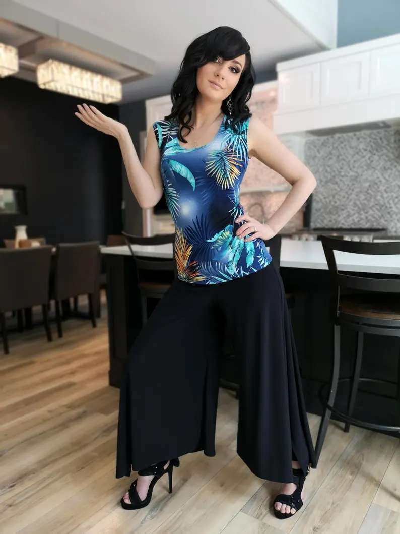 Black poly spandex flowing pants.