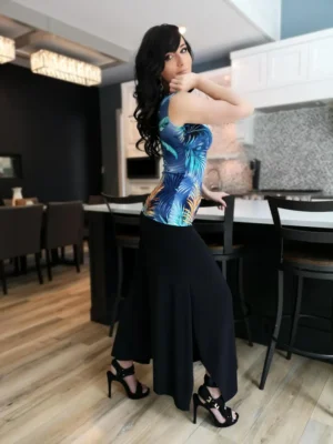 Black poly spandex flowing pants.