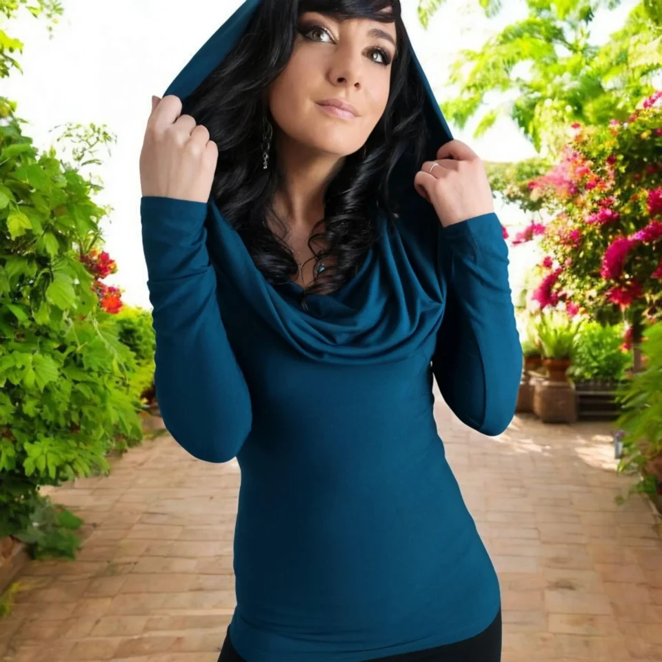 Cowl neck hooded teal blue tunic top.