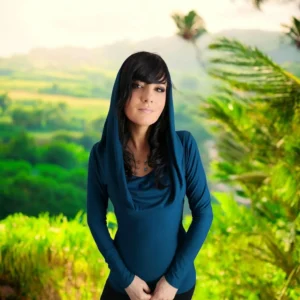 Cowl neck hooded teal blue tunic top.