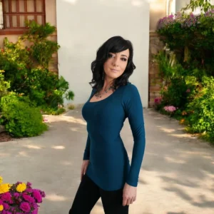 Teal blue modal long-sleeve fitted top.