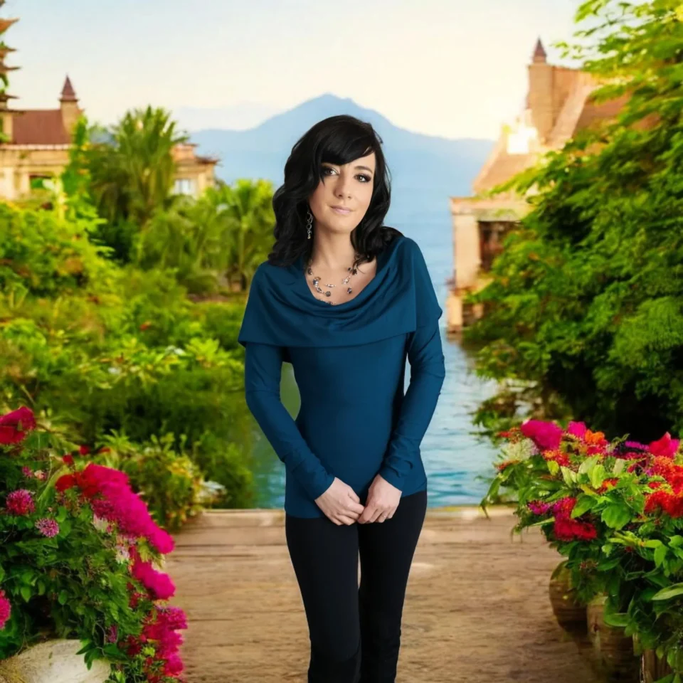 Cowl neck hooded teal blue tunic top.