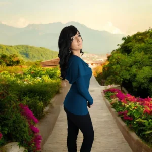 Cowl neck hooded teal blue tunic top.
