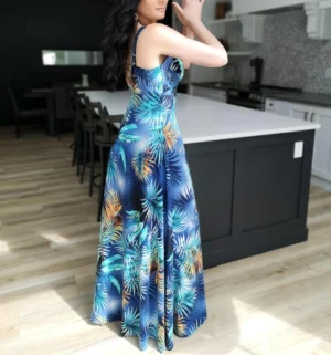 Blue tropical moonlight print sleeveless maxi dress.