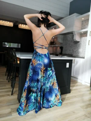Cowl neck open back blue moonburst tropical print maxi dress.