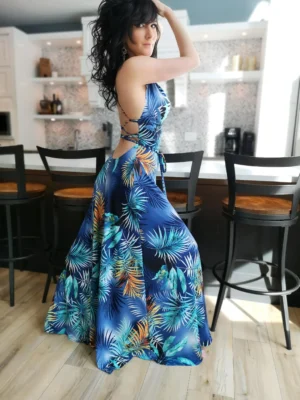 Cowl neck open back blue moonburst tropical print maxi dress.