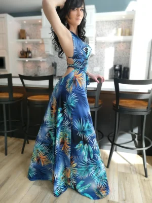 Cowl neck open back blue moonburst tropical print maxi dress.