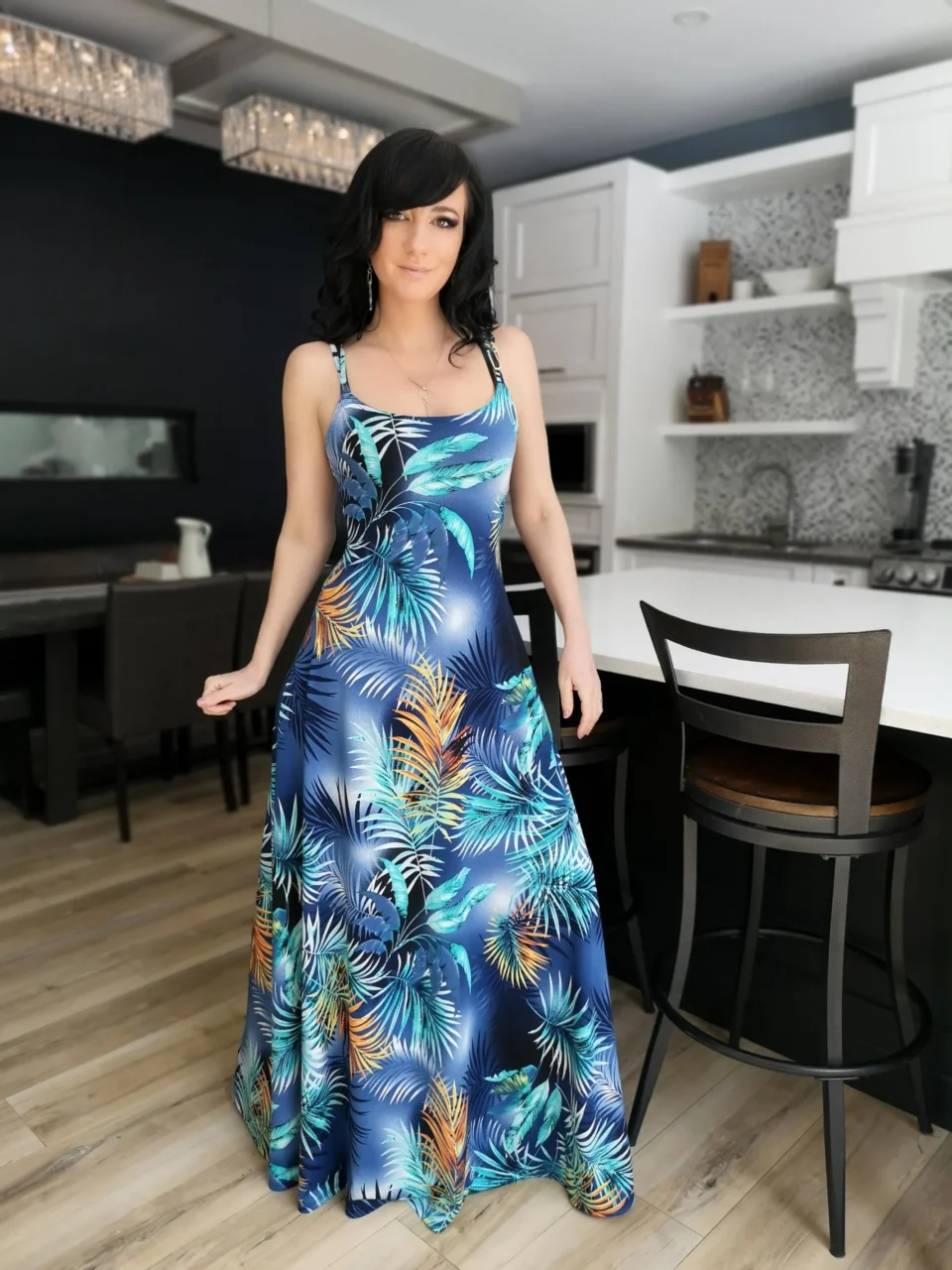 Blue tropical moonlight print sleeveless maxi dress.