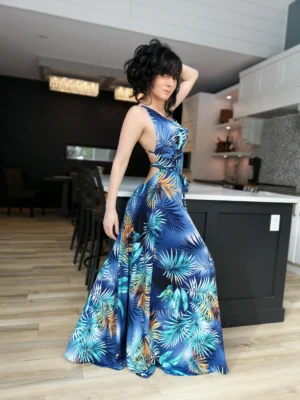 Cowl neck open back blue moonburst tropical print maxi dress.