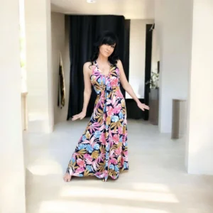 Tropical print pink blue and gold on black fitted bust sleeveless maxi dress.