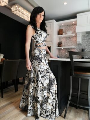 Neutral black, white and tan African tropical print hooded crop top and high-waisted maxi skirt, sold either separately, or together as a set.