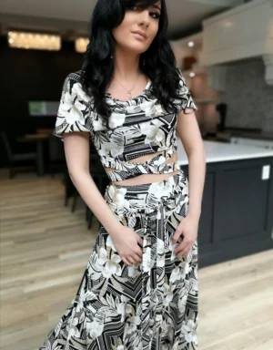 Neutral black, white and tan African tropical print hooded crop top and high-waisted maxi skirt, sold either separately, or together as a set.