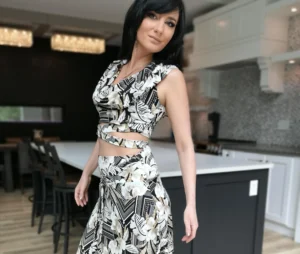 Neutral black, white and tan African tropical print hooded crop top and high-waisted maxi skirt, sold either separately, or together as a set.