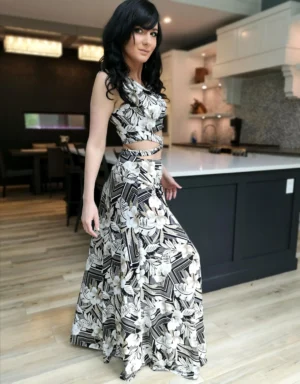 Neutral black, white and tan African tropical print hooded crop top and high-waisted maxi skirt, sold either separately, or together as a set.