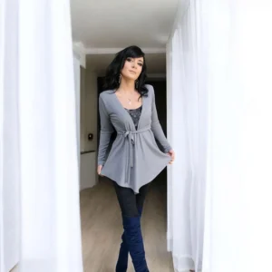 Fitted mid-tone gray long-sleeve ribbed cardigan with waist ties.