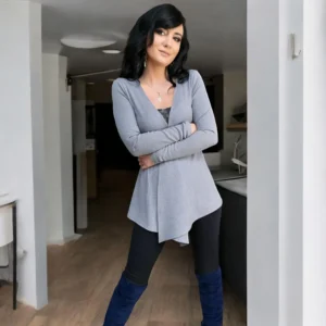 Fitted mid-tone gray long-sleeve ribbed cardigan with waist ties.