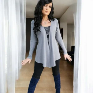 Fitted mid-tone gray long-sleeve ribbed cardigan with waist ties.