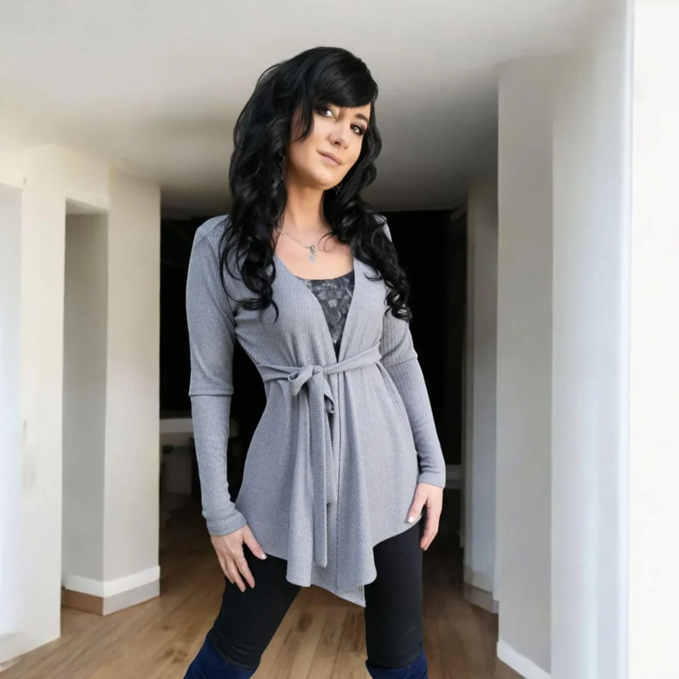 Fitted mid-tone gray long-sleeve ribbed cardigan with waist ties.