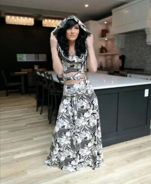 Neutral black, white and tan African tropical print hooded crop top and high-waisted maxi skirt, sold either separately, or together as a set.