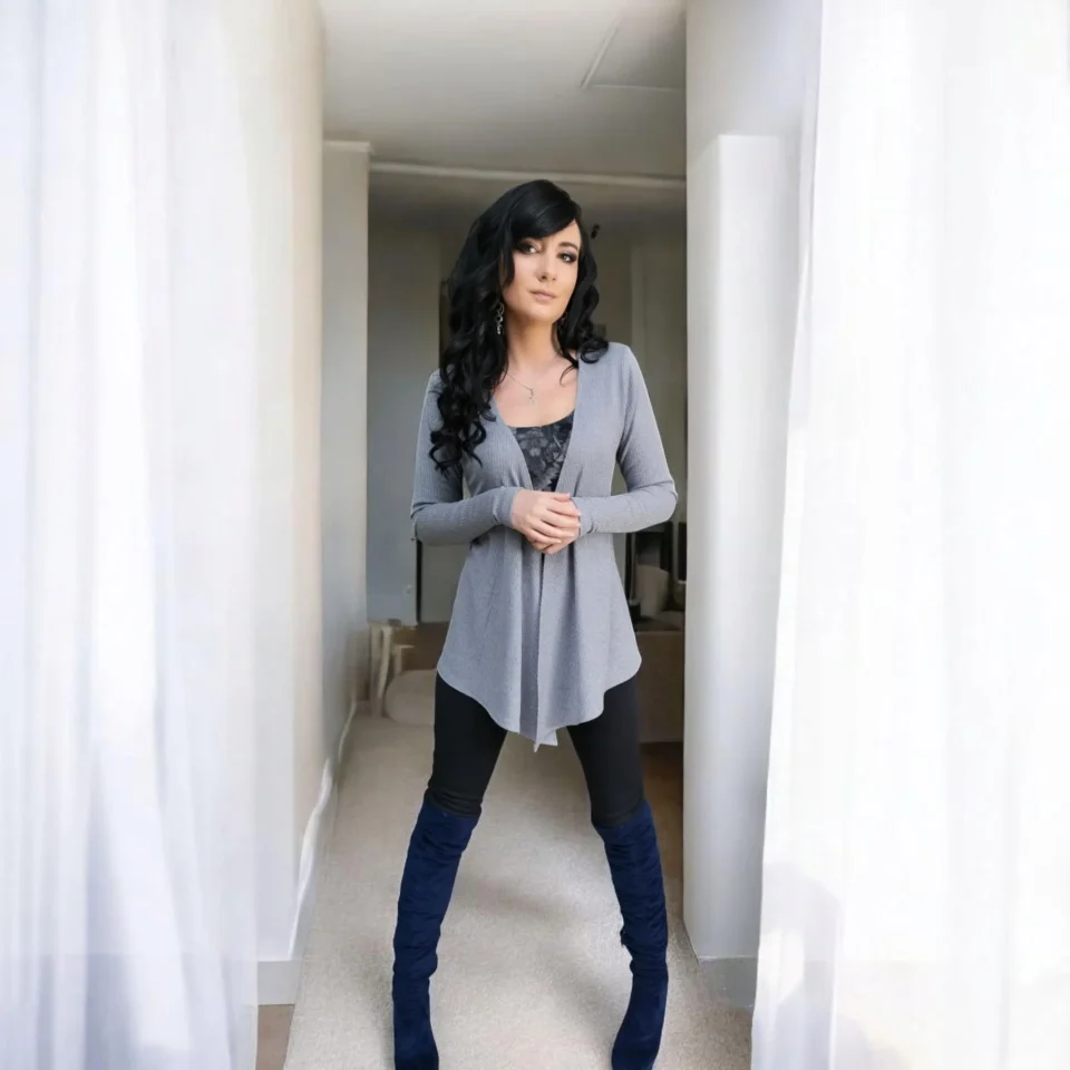 Fitted mid-tone gray long-sleeve ribbed cardigan with waist ties.
