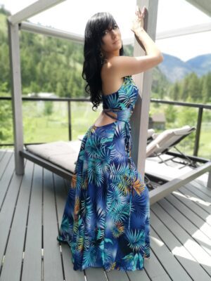 Open back tropical print maxi dress.