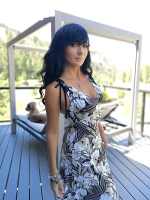 Black and white tropical print sleeveless v-neck maxi dress.