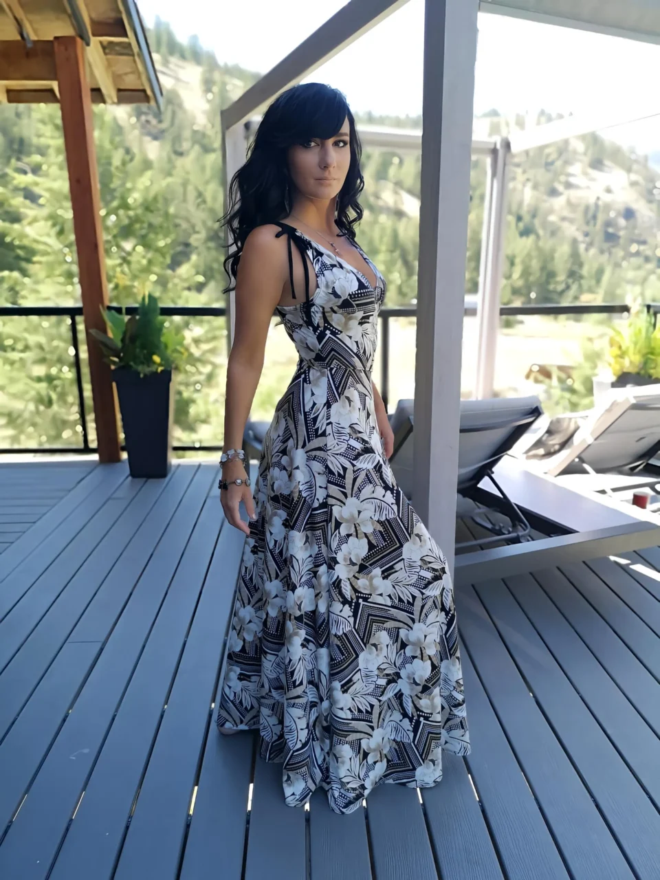 Black and white tropical print sleeveless v-neck maxi dress.