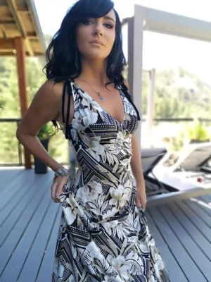 Black and white tropical print sleeveless v-neck maxi dress.