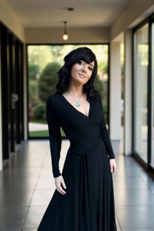 Versatile reversible black long-sleeve fitted maxi dress in bamboo/spandex, with V-neck on one side, boat neckline on the other, and two long panels that can be cinched and tied in various ways.