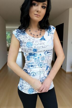 White and blue print fitted cap sleeve top, in silky ribbed fabric, casual or dressy, comfortable and chic.