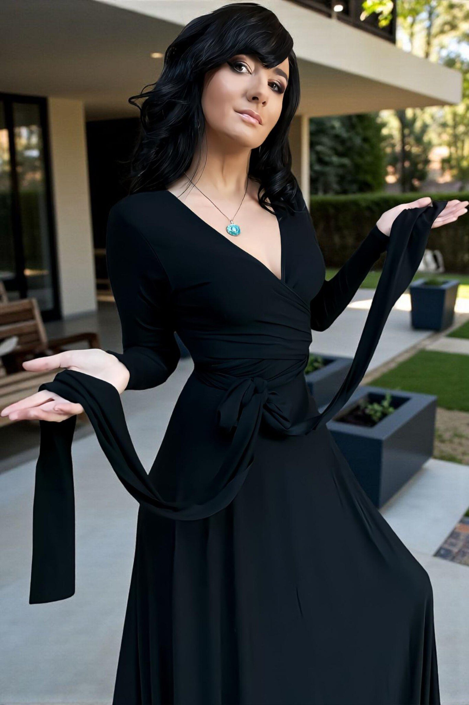 Maxi Black Long-Sleeve Bamboo Fitted Wrap Dress | Genessa Jackson