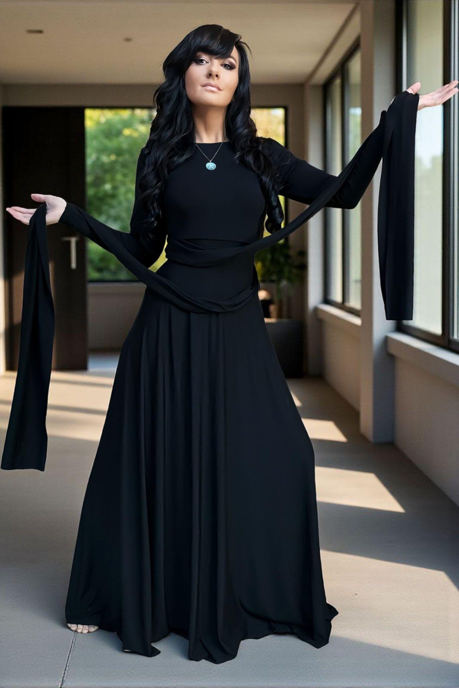 Maxi Black Long-Sleeve Bamboo Fitted Wrap Dress | Genessa Jackson