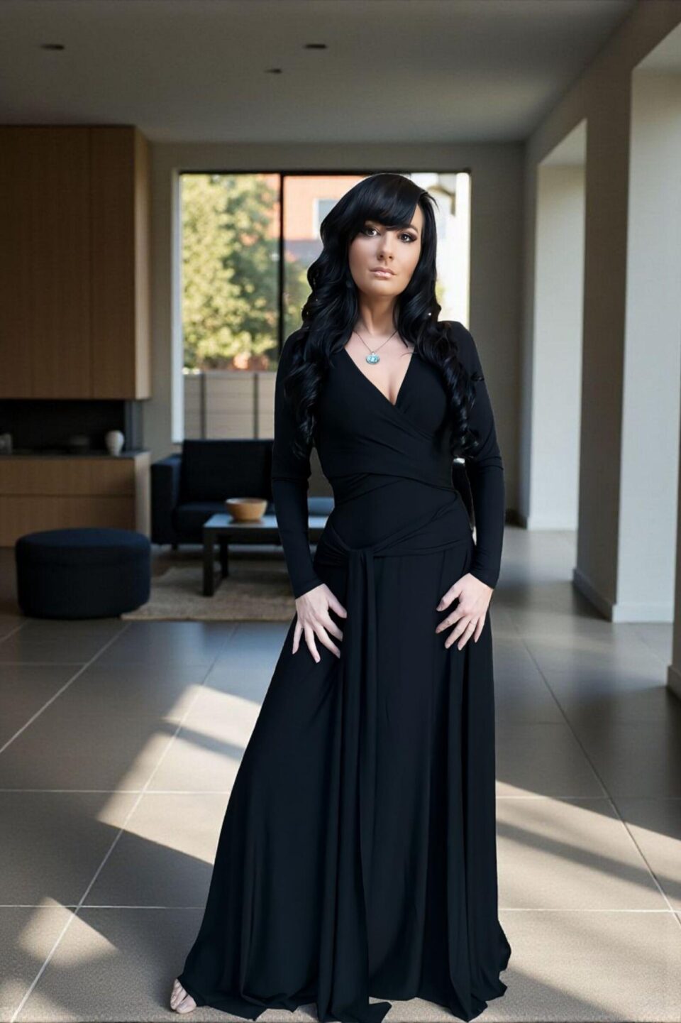 Versatile reversible black long-sleeve fitted maxi dress in bamboo/spandex, with V-neck on one side, boat neckline on the other, and two long panels that can be cinched and tied in various ways.