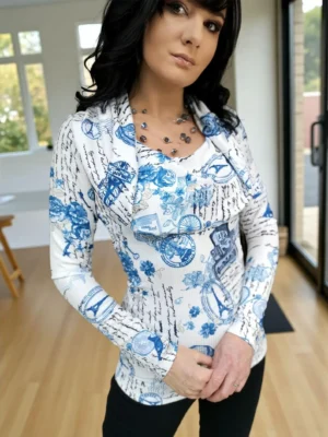 Hooded long-sleeve blue and white print tunic top with a cowl neckline or off th e shoulders look. Silky smooth with a ribbed fabric.