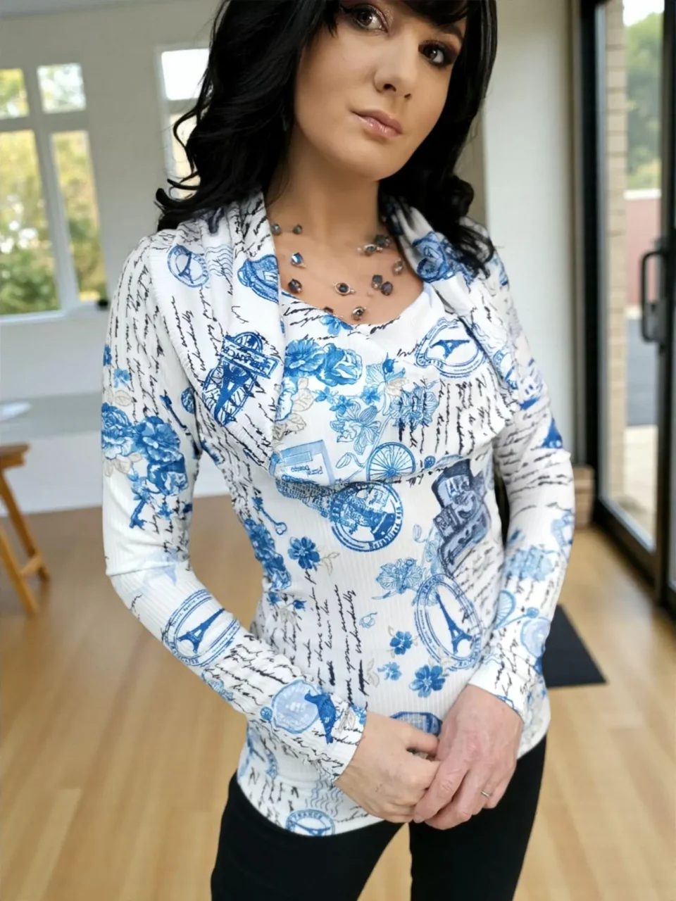 Hooded Long-Sleeve Blue And White Print Tunic Top With Cowl Neckline Or Off The Shoulders Look