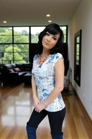 White and blue print fitted cap sleeve top, in silky ribbed fabric, casual or dressy, comfortable and chic.