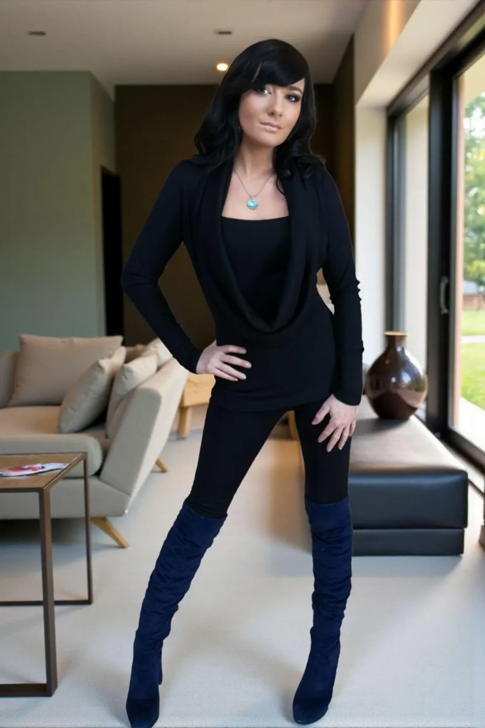 Black ribbed long sleeve top with a oversized long cowl neck and built in insert.