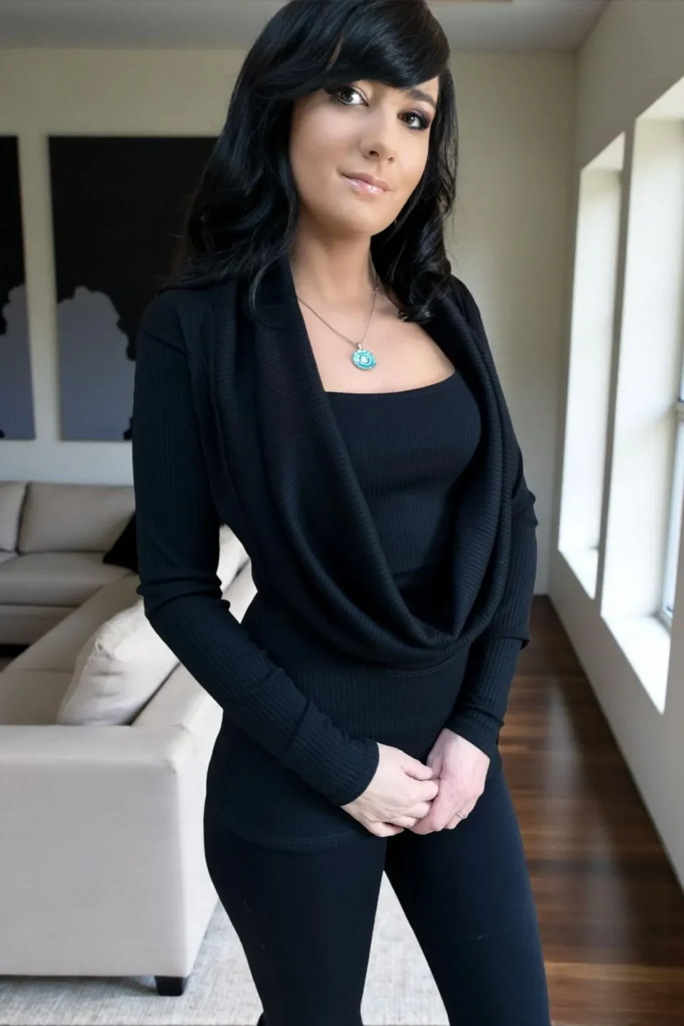 Black ribbed long sleeve top with a oversized long cowl neck.